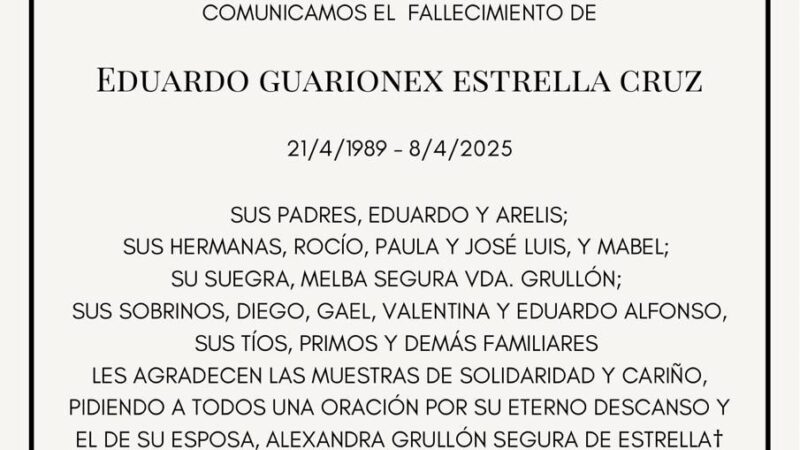 Ministerio de Obras Públicas informa sobre las honras fúnebres de Eduardo G. Estrella Cruz