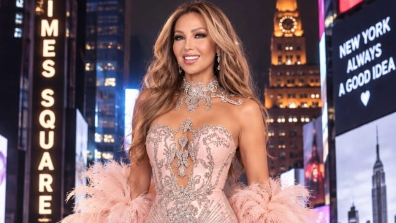 Thalía deslumbra Times Square con un vestido de Giannina Azar y una sorpresa musical